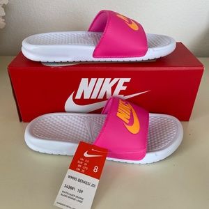 Womens Nike Benassi JDI Slides, Size 8M, Hot Pink with Orange Logo